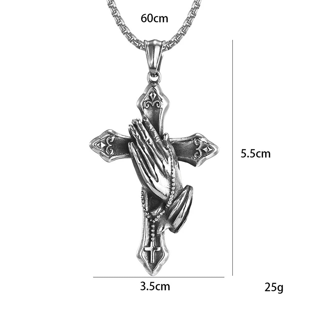 Vintage Praying Hands Cross Pendant Necklace hip-hop Stainless Steel Chain Neck Accessories Hip Hop Rock Jewelry 2025 Gifts