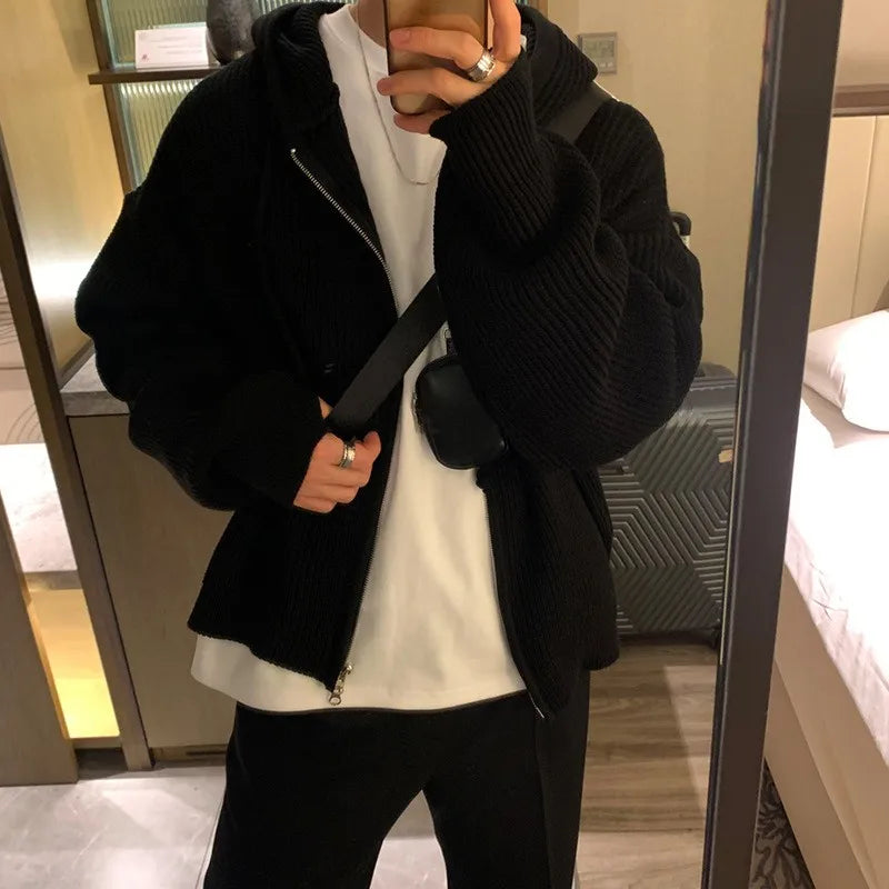 Winter Clothing Men's Light Luxury Knit Hooded Cardigan Sweater Korean Vintage Popular Zipper Long Sleeve Loose Hoodie Knitwear