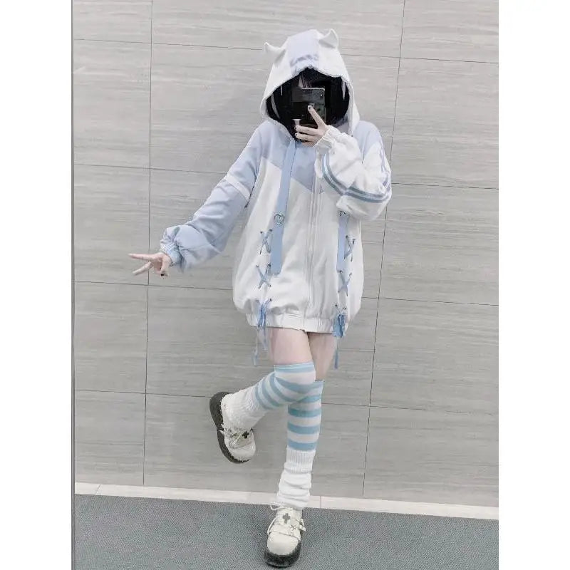Girls Stitch Woman Clothing Subculture Japanese Hoodie Blue White Autumn Woman Sweatshirts Zipper Winter y2k Clothes Hoodies