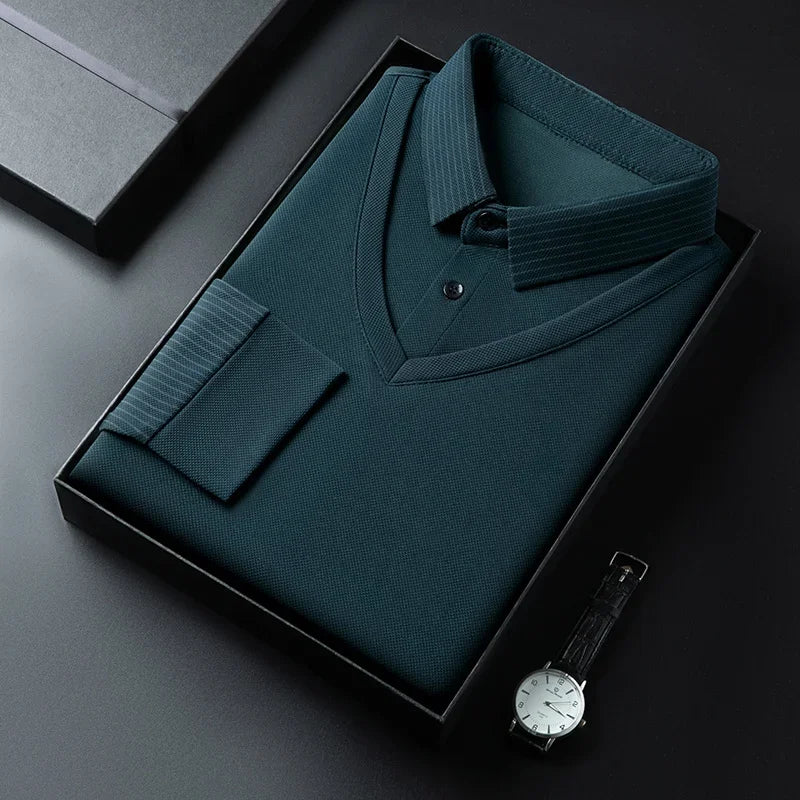2025 New Men's Casual and Fashionable Long Sleeved Solid Color Fake Two-piece Polo Shirt Business All Season Versatile Top
