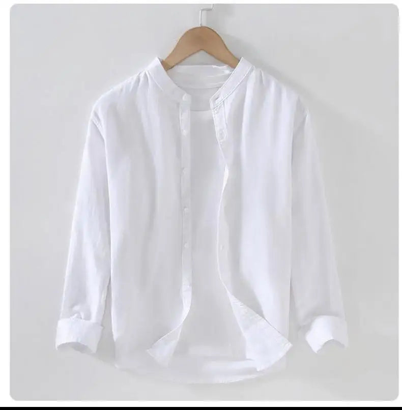 M-3XL Spring and Summer Stand Collar Plain Color Long-sleeve Vintage Men's Streetwear Single Breasted Linen Shirts