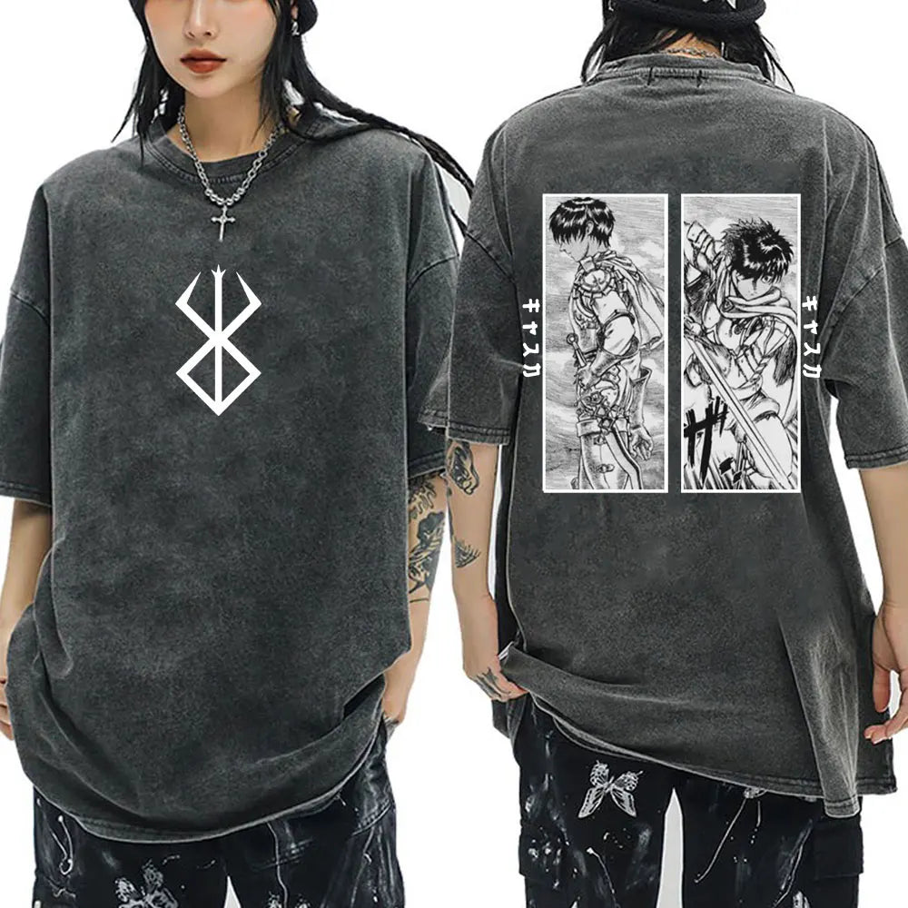 Anime Berserk Guts Vintage Washed T Shirt Manga Gatsu Griffith Zodd T-shirts Men Women Clothing Cotton Casual Oversized T-Shirt