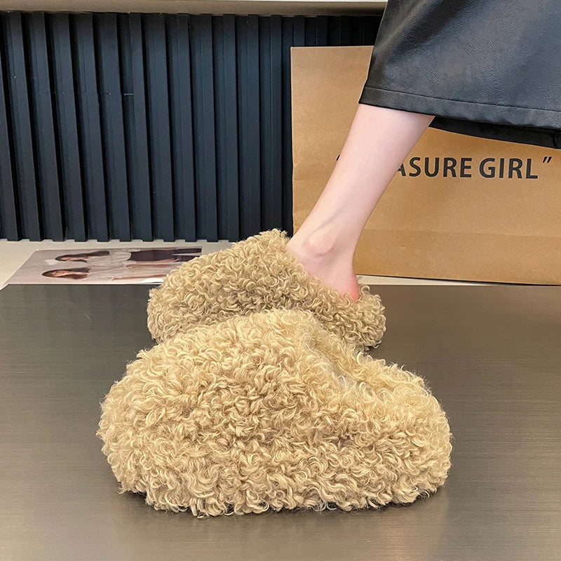 Luxury Plush Slippers for Women 2025 Cover Toe Fur Slides Casual Platform Flip Flops Pantofle New Shoes