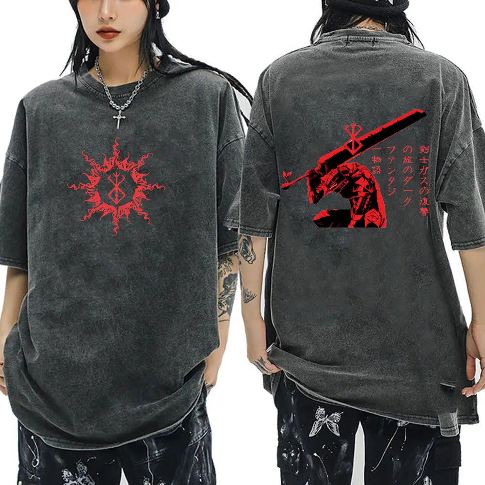 Anime Berserk Guts Vintage Washed T Shirt Manga Gatsu Griffith Zodd T-shirts Men Women Clothing Cotton Casual Oversized T-Shirt