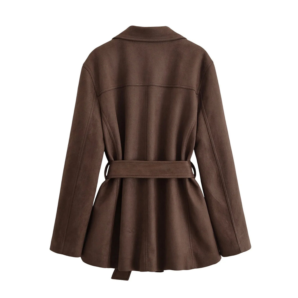 Women's Suede Loose Windbreaker Jackets Solid With Belt Long Sleeve Trench Coat Female Fashion Chic Blazers Jackets Streetwear