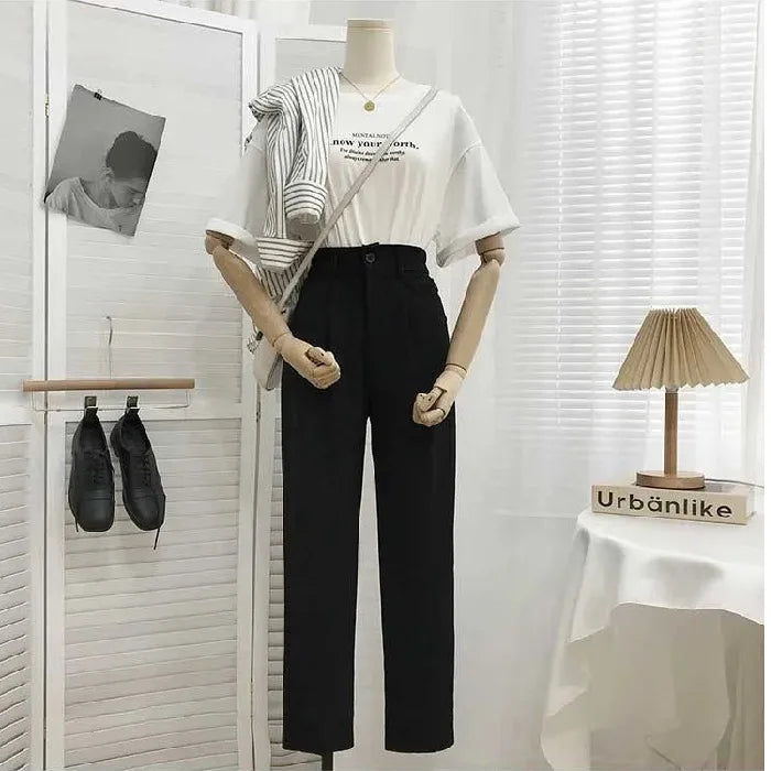 High Waist Women Suit Pants Fall Straight Office Ladies Korean Fashion Trousers Casual Button Loose Female Black Pants New 2024
