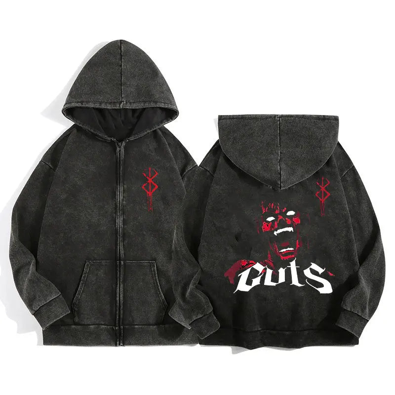 Anime Berserk Wash Zip Up Hoodie Harajuku Retro Gothic Graphic Jacket Hooded Sweatshirt Cotton Hip Hop Men Women Hoody Coat