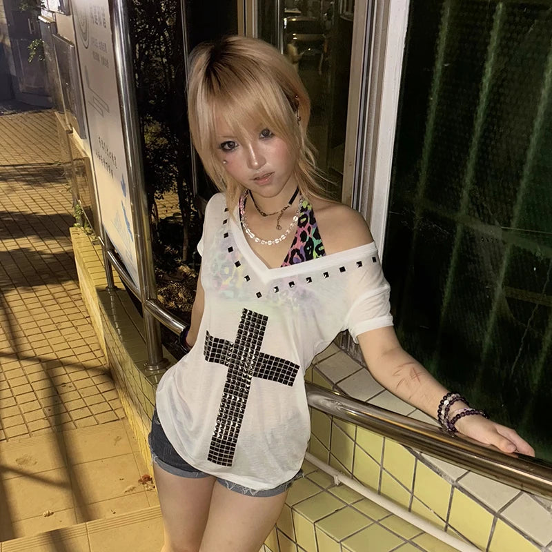 Karrram Japanese Y2k Metal Cross Print T-shirt Vintage Harajuku Short Sleeve Sheer Tops Trashy 2000s V-neck Streetwear Grunge