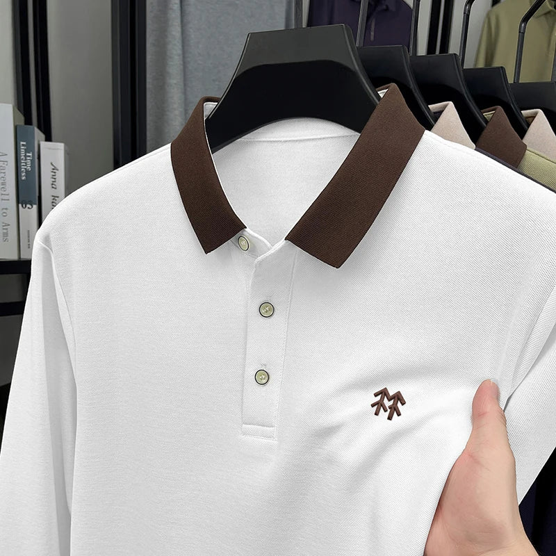 Fashion luxury brand long sleeve polo shirt men's autumn new trend badge embossed design Korean casual silk cotton lapel T-shirt