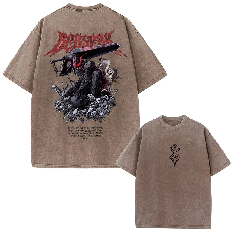 Berserk Print Vintage Acid Washed Cotton T-shirt for Men Women Casual Oversized Tshirt Tees Short Sleeve Tops Retro Streetwear