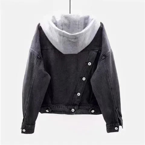 Women Denim Coat Hooded Single Breasted Button Jackets Hooded Patchwork Outerwear Cardigan Solid Pockets Streetwear Warm