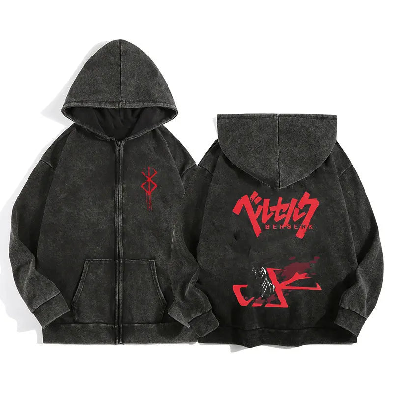 Anime Berserk Wash Zip Up Hoodie Harajuku Retro Gothic Graphic Jacket Hooded Sweatshirt Cotton Hip Hop Men Women Hoody Coat