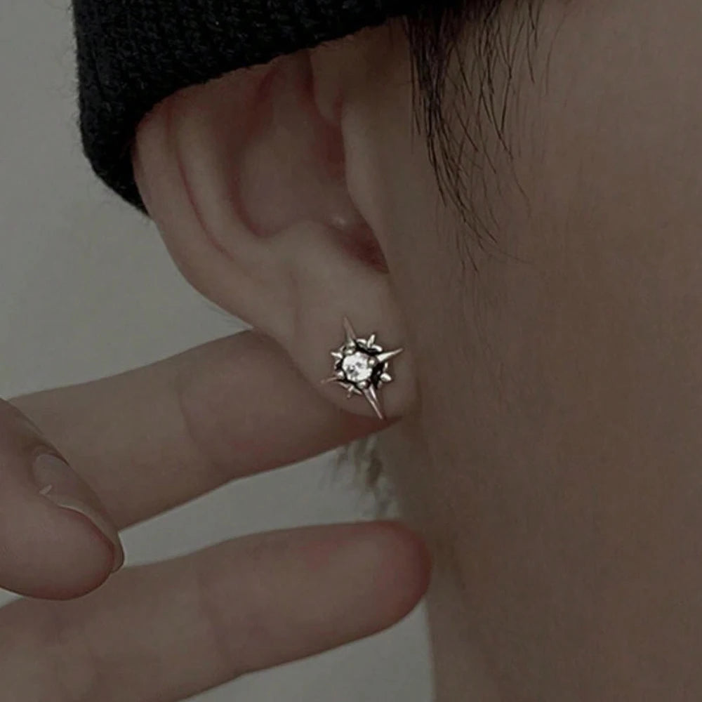 Black CZ Metal Star Earring Stud For Men Women Hip Hop Style Antique Silver Color Start Clear Crystal Couple Post Earrings
