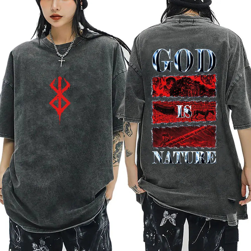 Anime Berserk Guts Vintage Washed T Shirt Manga Gatsu Griffith Zodd T-shirts Men Women Clothing Cotton Casual Oversized T-Shirt