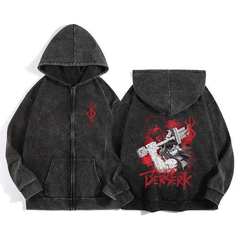 Anime Berserk Wash Zip Up Hoodie Harajuku Retro Gothic Graphic Jacket Hooded Sweatshirt Cotton Hip Hop Men Women Hoody Coat