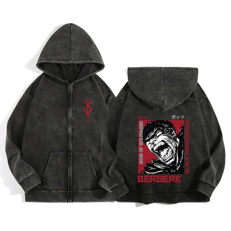 Anime Berserk Wash Zip Up Hoodie Harajuku Retro Gothic Graphic Jacket Hooded Sweatshirt Cotton Hip Hop Men Women Hoody Coat