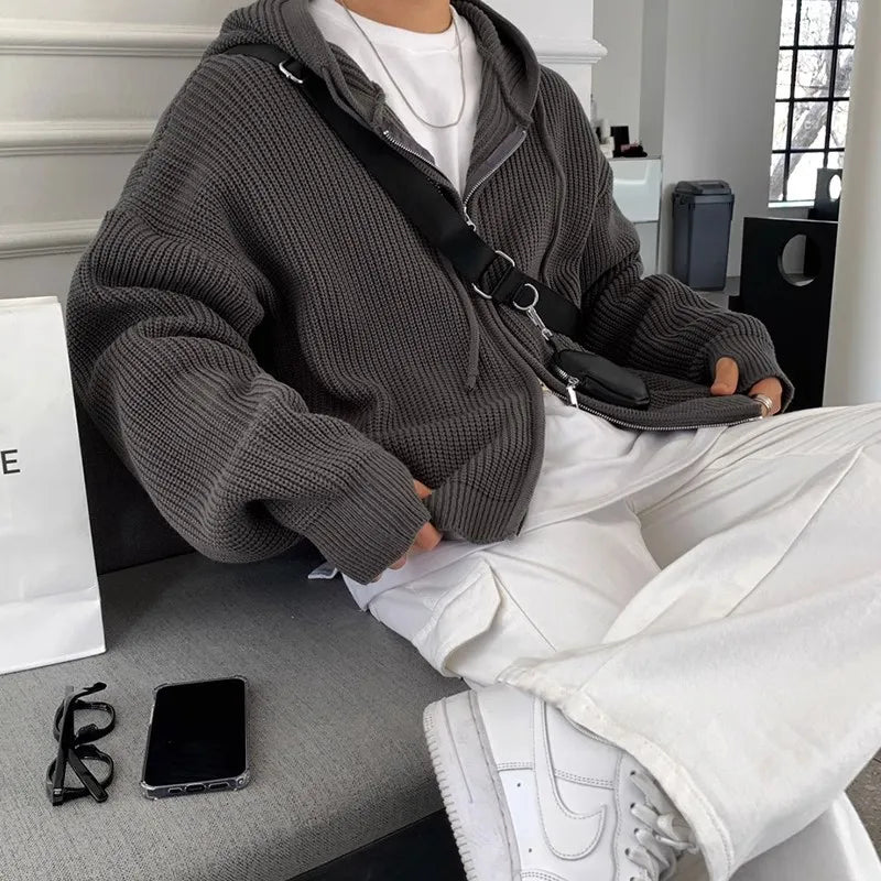 Winter Clothing Men's Light Luxury Knit Hooded Cardigan Sweater Korean Vintage Popular Zipper Long Sleeve Loose Hoodie Knitwear