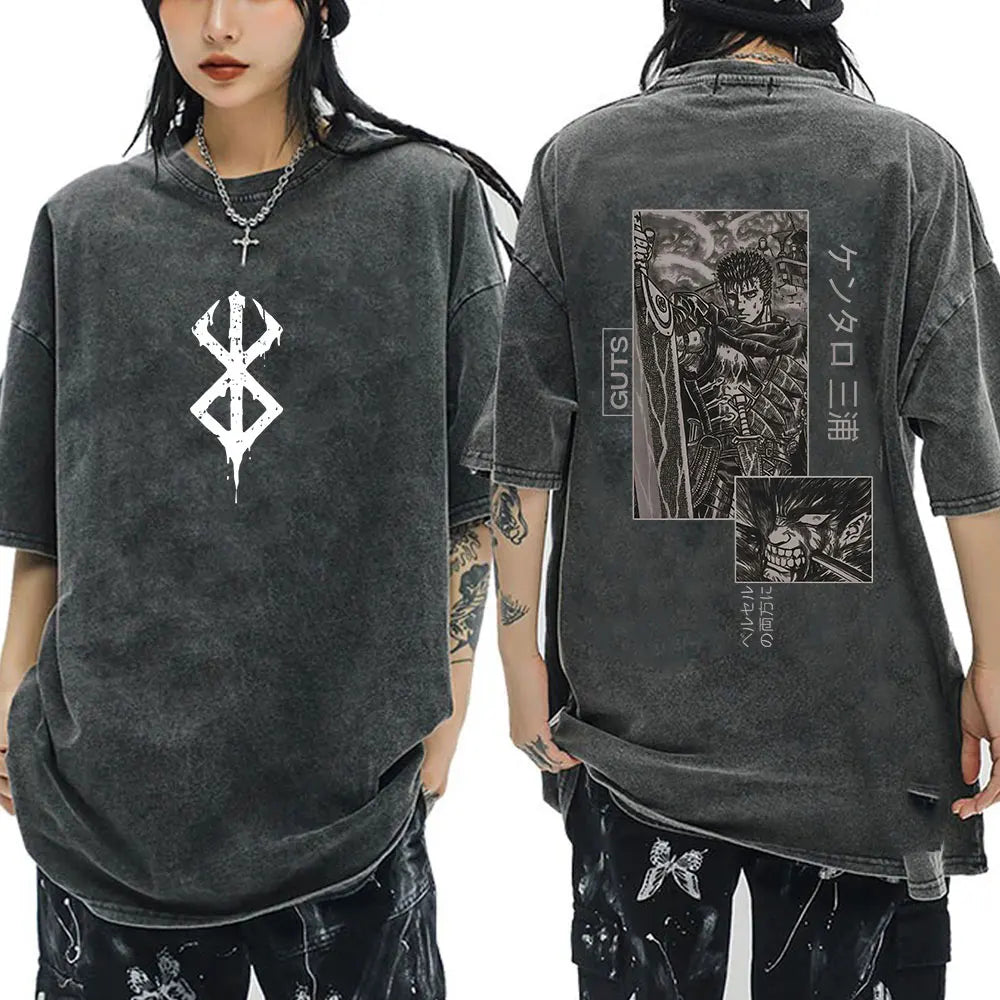 Anime Berserk Guts Vintage Washed T Shirt Manga Gatsu Griffith Zodd T-shirts Men Women Clothing Cotton Casual Oversized T-Shirt