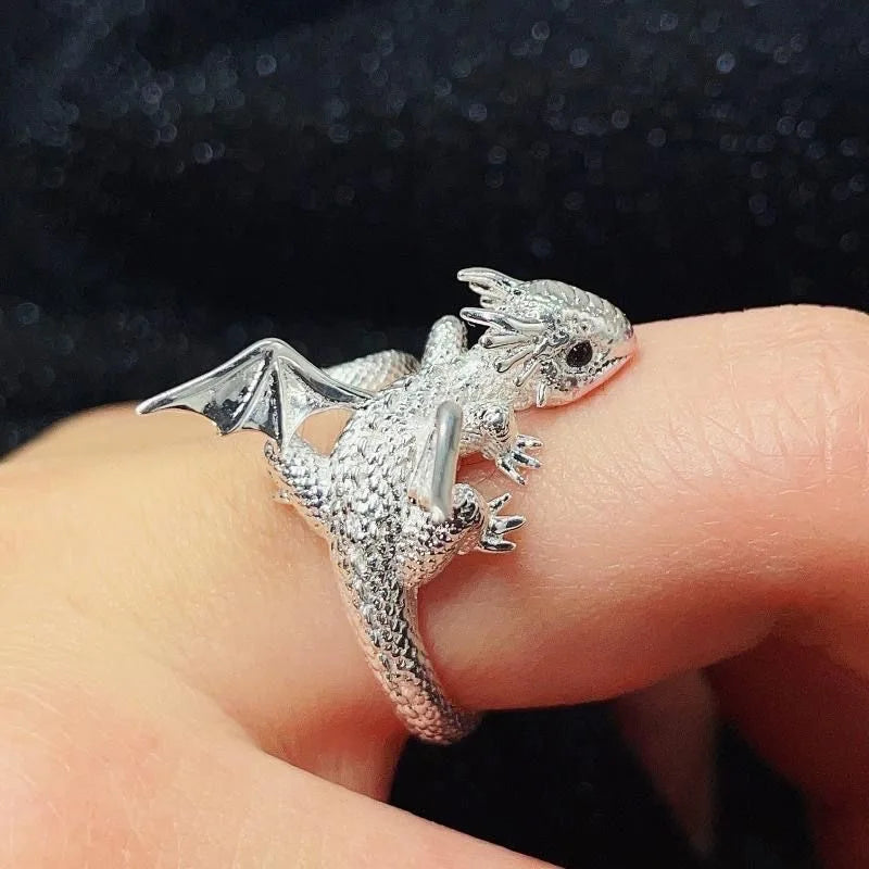 Antique Silver Color Dragon Rings Gothic Punk Men Pterosaur Wings Opening Adjustable Rings Vintage Jewelry Accessories Gifts