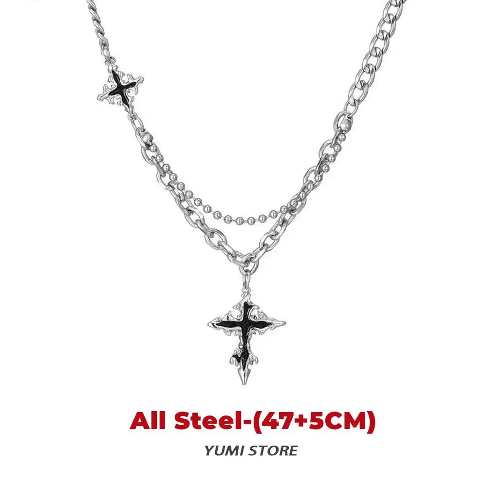 Punk Black Flame Cross Necklace For Men Women Trend Titanium Steel Chain Sweater Pendant Hip Hop Jewelry Cool Kpop Accessories