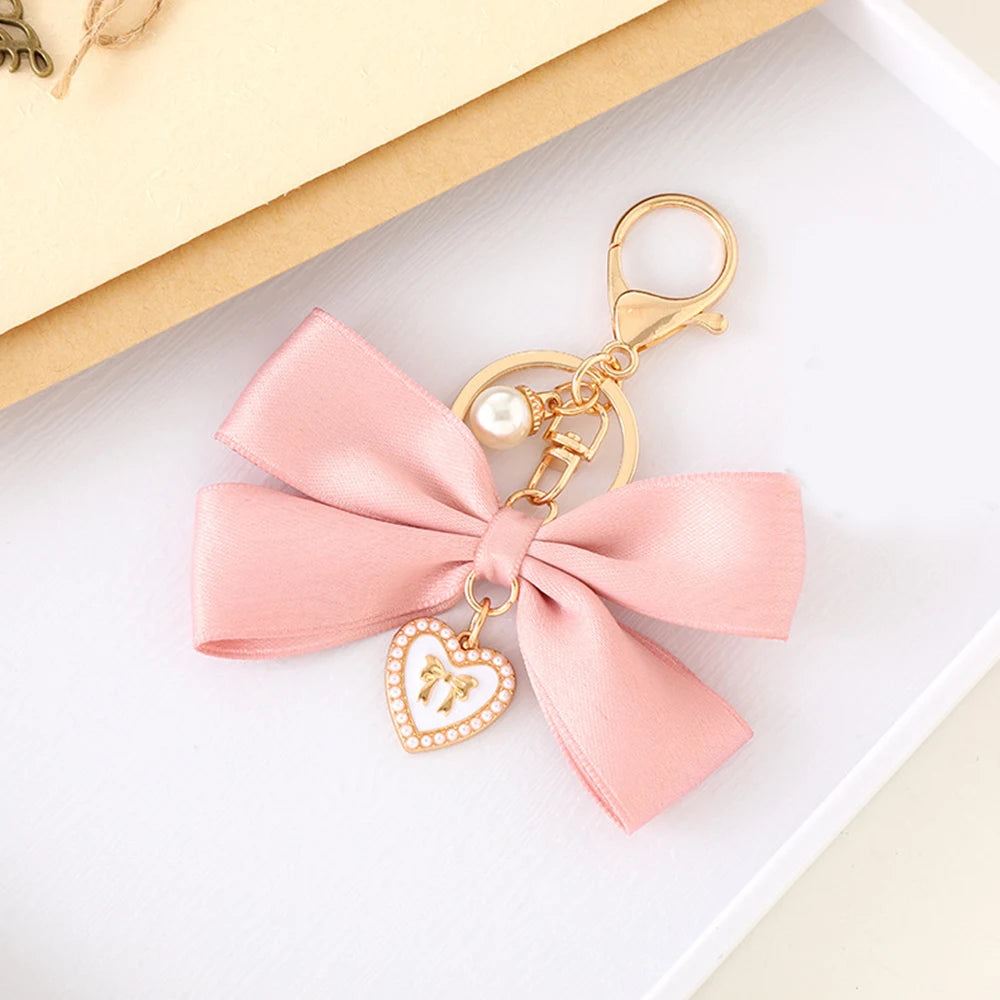 Fashion Large Bowknot Ribbon Pearl Key Chain Women's Multi-color DIY Key Pendant Hanging Ornament Sweet Bag Accessories
