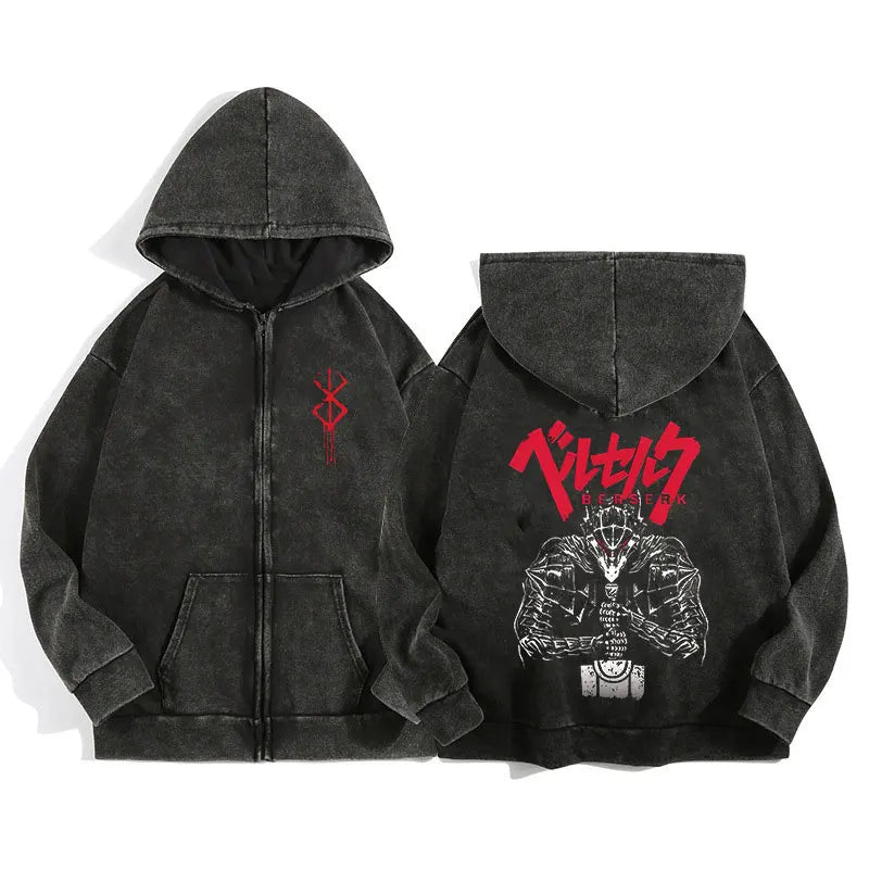 Anime Berserk Wash Zip Up Hoodie Harajuku Retro Gothic Graphic Jacket Hooded Sweatshirt Cotton Hip Hop Men Women Hoody Coat
