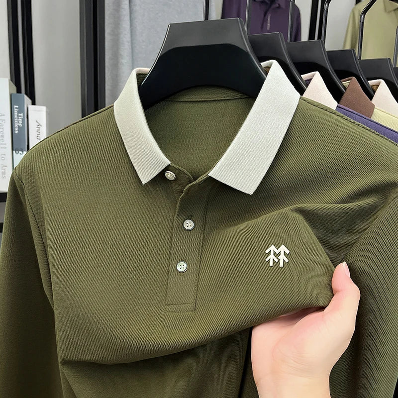 Fashion luxury brand long sleeve polo shirt men's autumn new trend badge embossed design Korean casual silk cotton lapel T-shirt