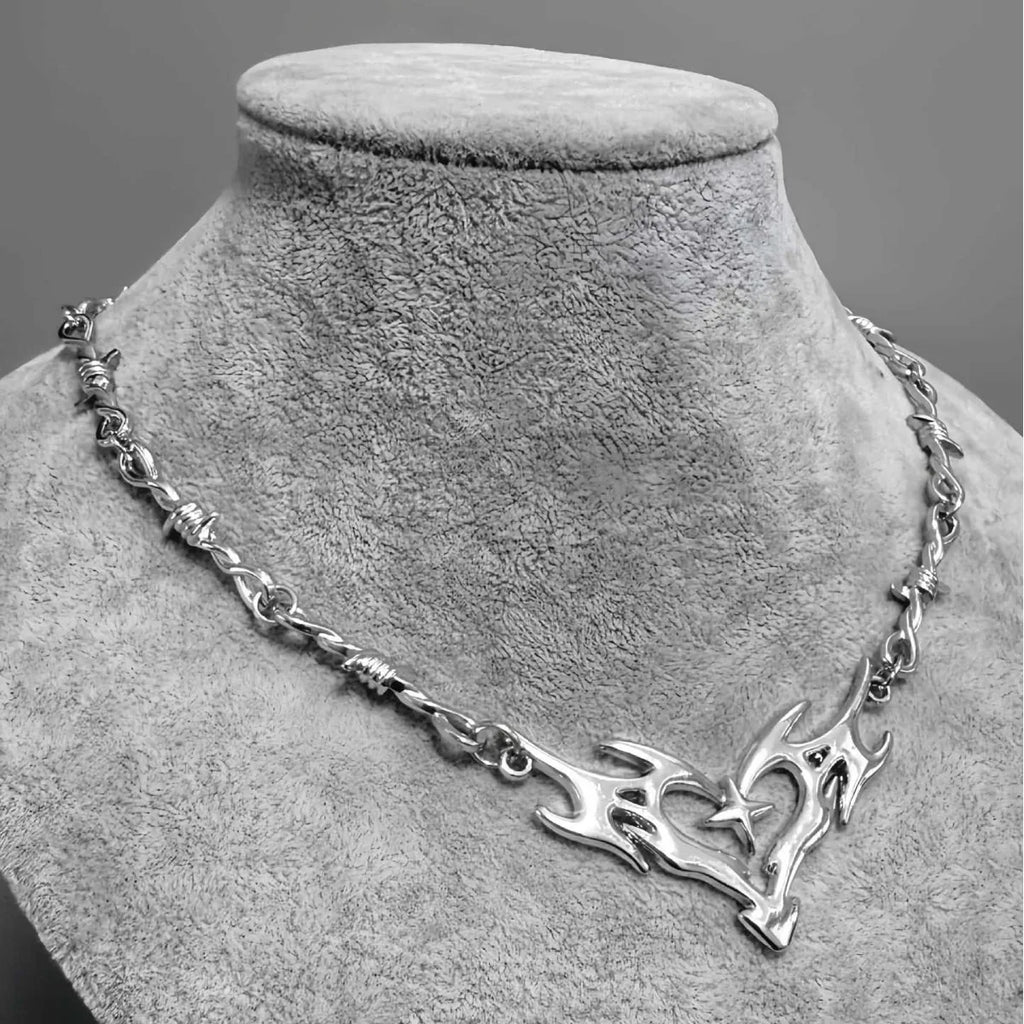 Cross Flame Heart Choker, punk jewelry, Gothic accessories, Y2k, thorns, barbed wire, hippie, Flame Heart Charm, For Women Man