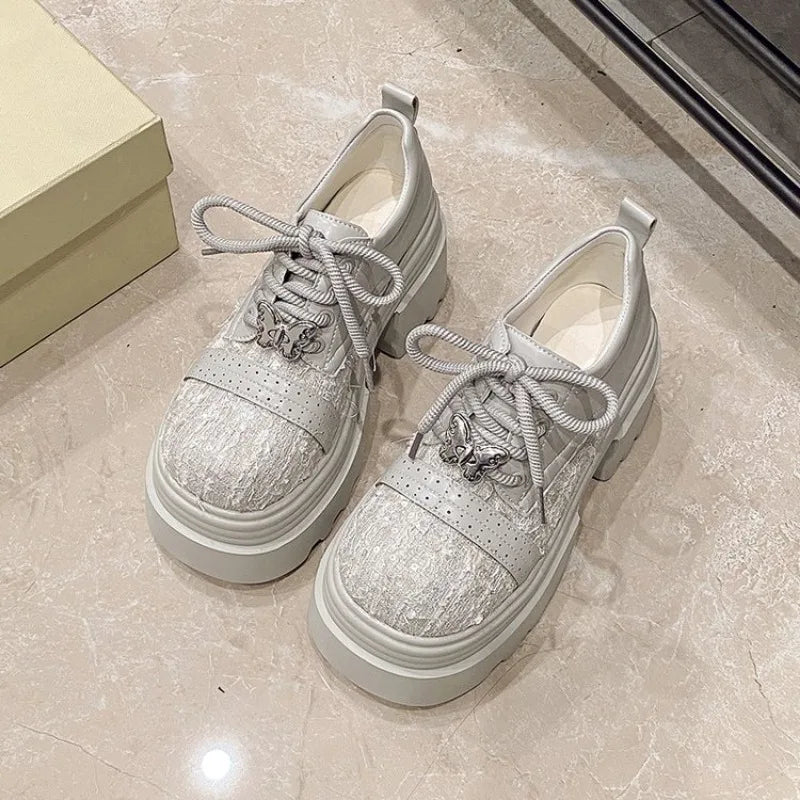 Women Leather Platform Shoes 2025 Spring New High Heels Wedge Outdoor Shoes Breathable Casual Shoes for Women platform boots