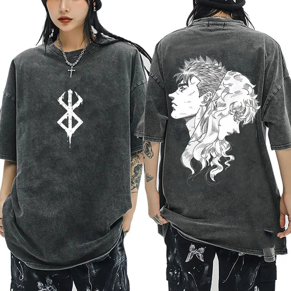 Anime Berserk Guts Vintage Washed T Shirt Manga Gatsu Griffith Zodd T-shirts Men Women Clothing Cotton Casual Oversized T-Shirt