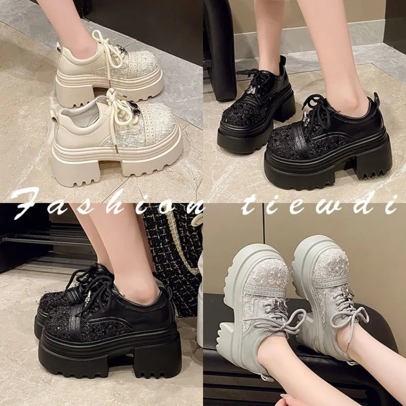 Women Leather Platform Shoes 2025 Spring New High Heels Wedge Outdoor Shoes Breathable Casual Shoes for Women platform boots