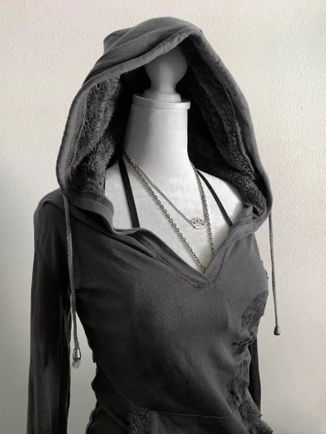 Y2K Retro Gray Pullover Lamb Wool Hooded Sweatshirt Women Clothes Harajuku Hot Girl Slim Sweatshirt Autumn Winter Goth Sexy Tops