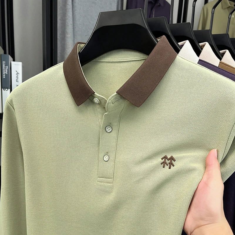 Fashion luxury brand long sleeve polo shirt men's autumn new trend badge embossed design Korean casual silk cotton lapel T-shirt