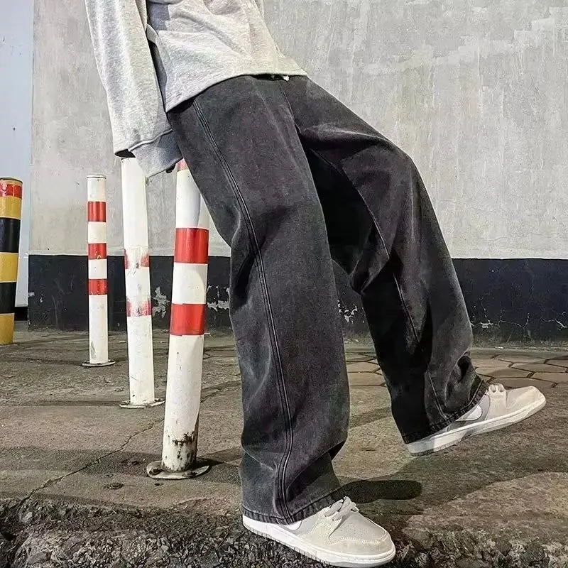2025 New Streetwear Loose Jeans Men Korean Style Fashion Loose Straight Wide Leg Pants Men's Brand Clothing Black Light Blue