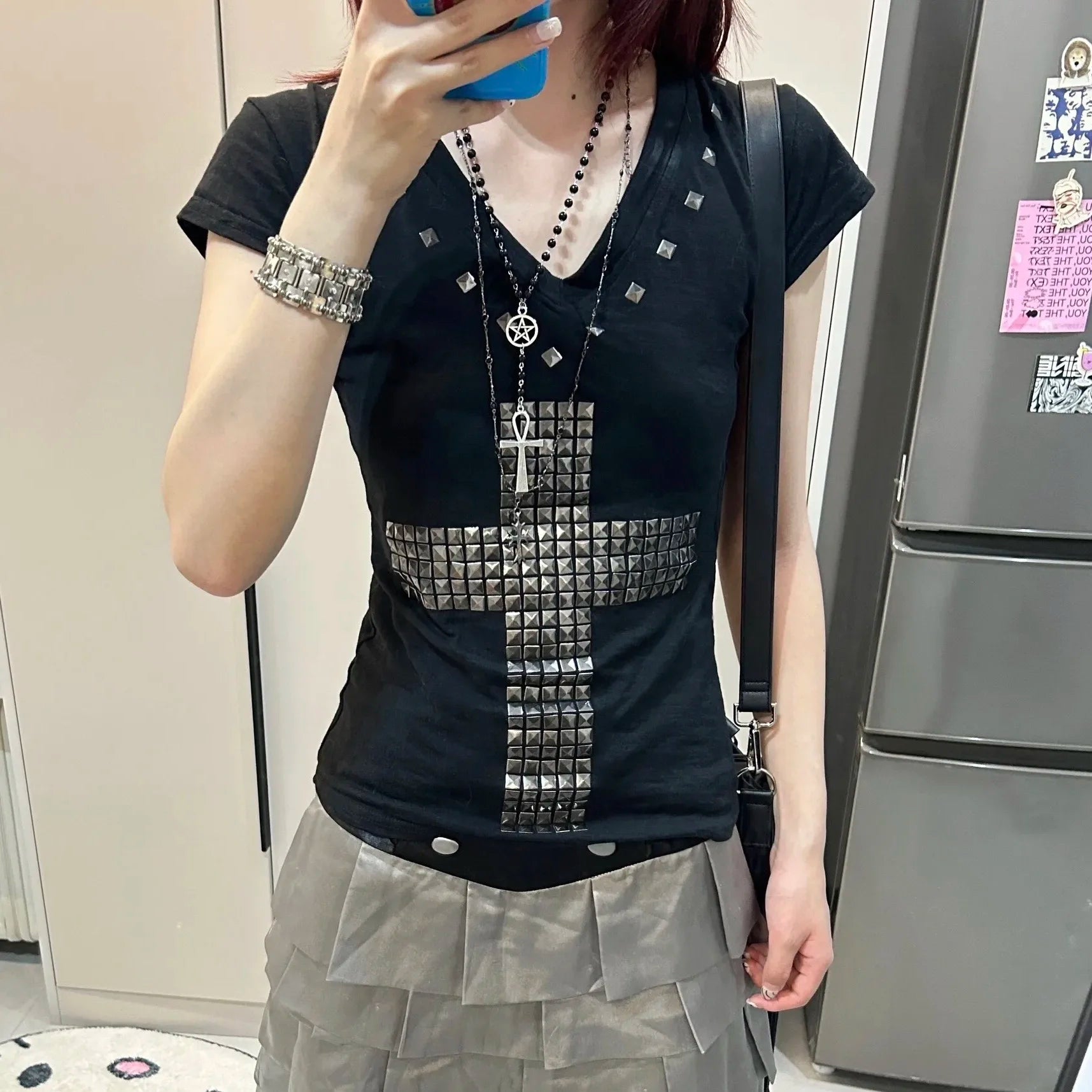Karrram Japanese Y2k Metal Cross Print T-shirt Vintage Harajuku Short Sleeve Sheer Tops Trashy 2000s V-neck Streetwear Grunge