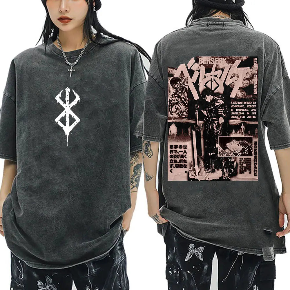 Anime Berserk Guts Vintage Washed T Shirt Manga Gatsu Griffith Zodd T-shirts Men Women Clothing Cotton Casual Oversized T-Shirt