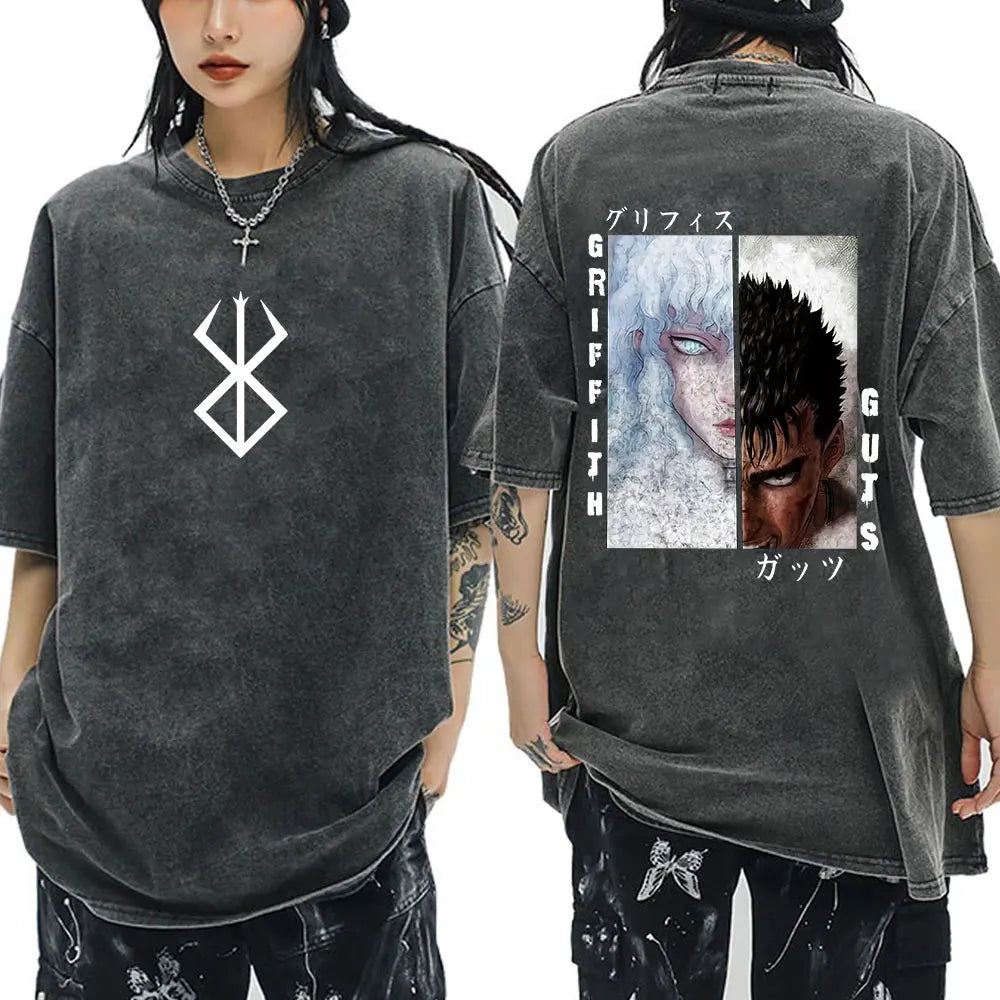 Anime Berserk Guts Vintage Washed T Shirt Manga Gatsu Griffith Zodd T-shirts Men Women Clothing Cotton Casual Oversized T-Shirt