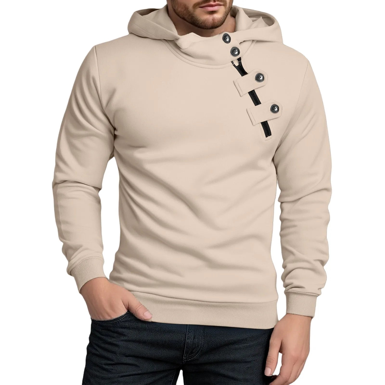 Men Autumn New Sweatshirt Tops Simple Solid Fitting Button Zipper Hoodie Daily Casual Sports Street Matching Pullover Sweatshirt
