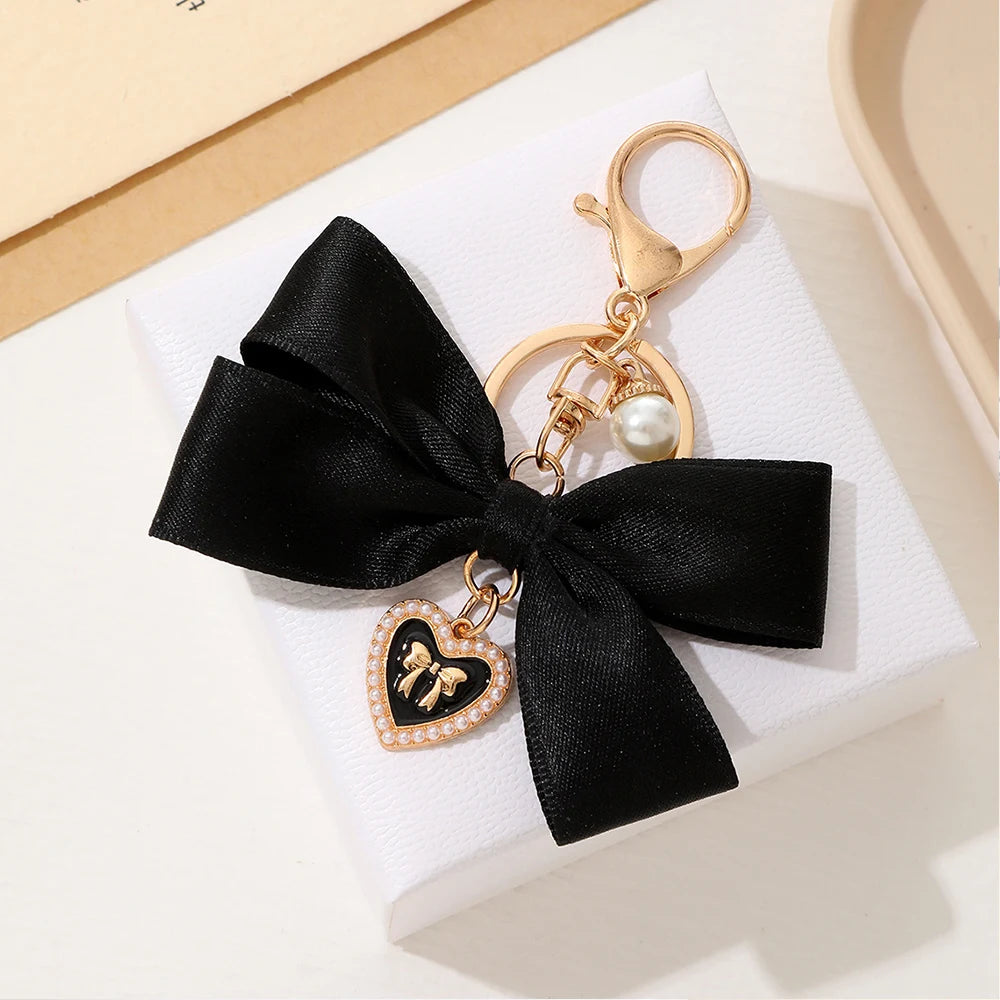Fashion Large Bowknot Ribbon Pearl Key Chain Women's Multi-color DIY Key Pendant Hanging Ornament Sweet Bag Accessories