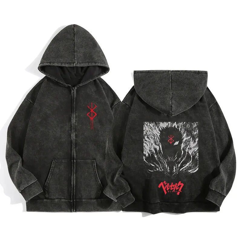 Anime Berserk Wash Zip Up Hoodie Harajuku Retro Gothic Graphic Jacket Hooded Sweatshirt Cotton Hip Hop Men Women Hoody Coat