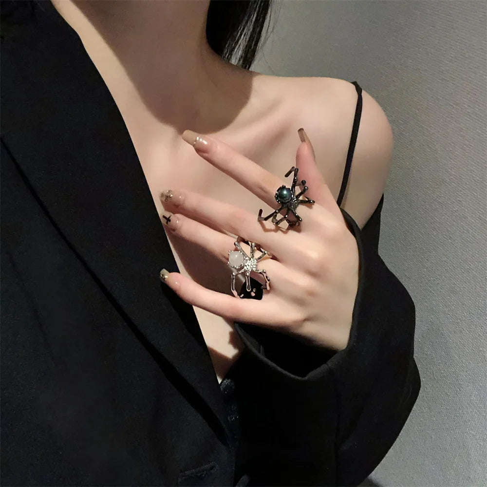 Punk Dark Spider Open Ring Retro Moonstone Black Ring For Women New Gothic Jewelry Dropshipping Wholesale Gift