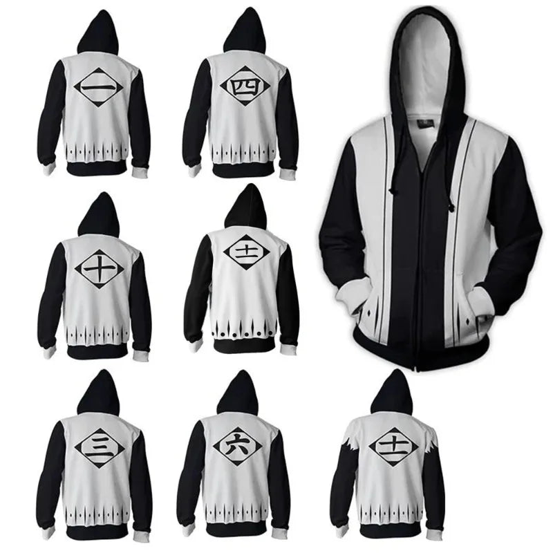 BLEACH Anime Hoodie Peripheral Zip Up Zaraki Kenpachi Hoodies Cosplay Sweatshirt Costumes Halloween Party Birthday Gifts