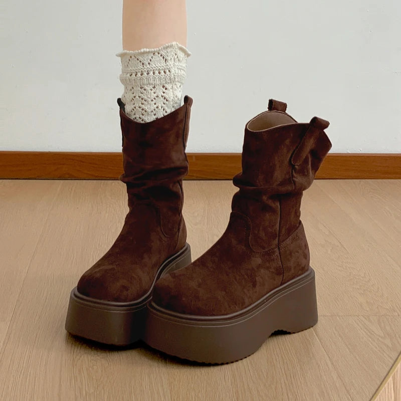 Chunky Platform Thick Sole Woman Ankle Boots Design Round Toe Slip On Shoes  2025 Autumn Winter Short Botas Para Mujer