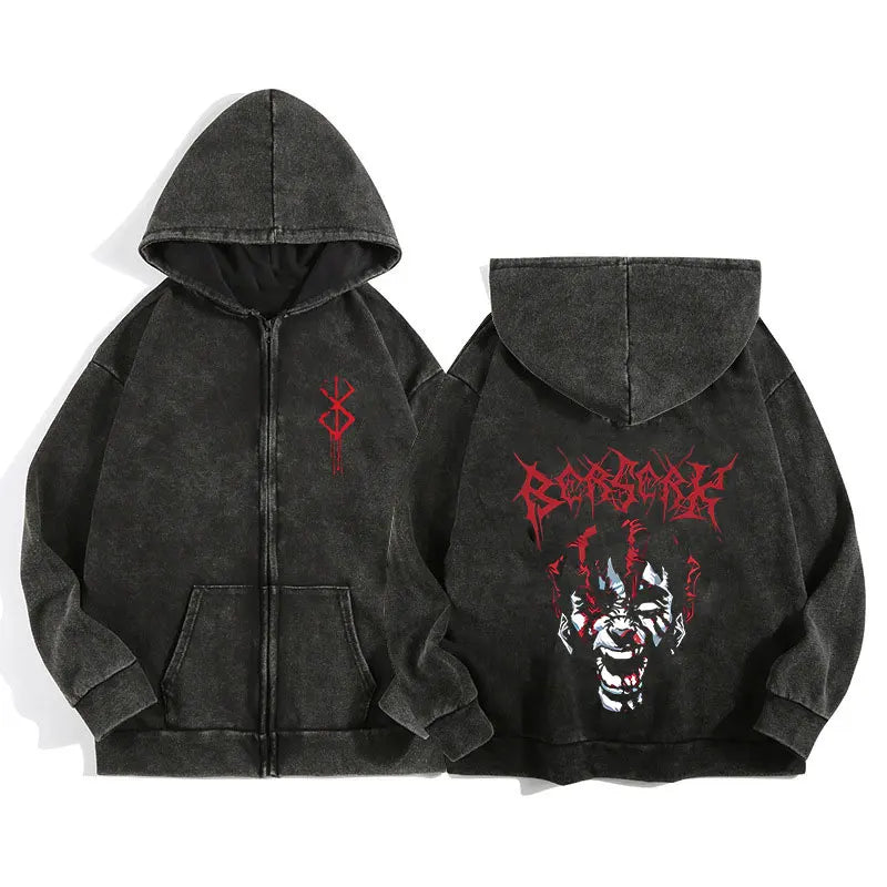Anime Berserk Wash Zip Up Hoodie Harajuku Retro Gothic Graphic Jacket Hooded Sweatshirt Cotton Hip Hop Men Women Hoody Coat