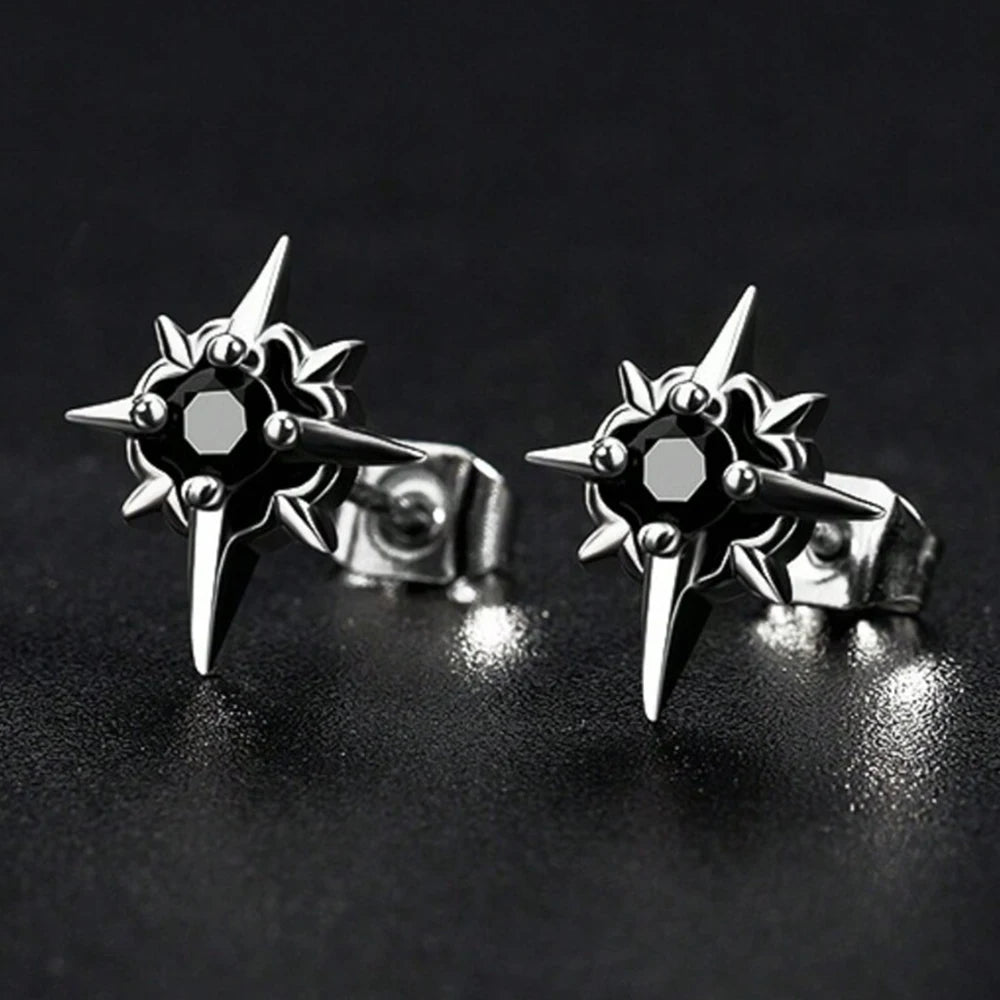 Black CZ Metal Star Earring Stud For Men Women Hip Hop Style Antique Silver Color Start Clear Crystal Couple Post Earrings