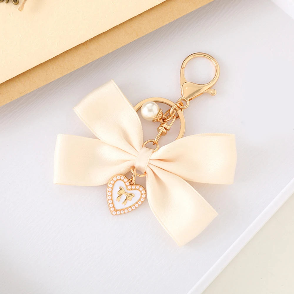 Fashion Large Bowknot Ribbon Pearl Key Chain Women's Multi-color DIY Key Pendant Hanging Ornament Sweet Bag Accessories