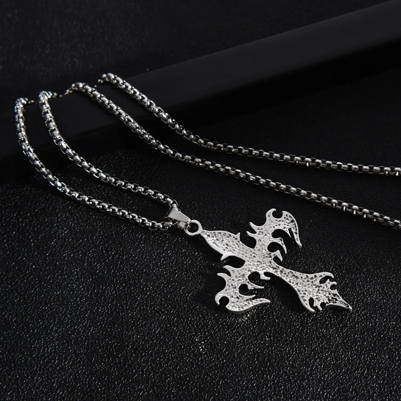 Gothic Vintage Flame Cross Pendant Necklace Harajuku Chain Choker Collar Grunge Egirl Goblincore Women Men Accessories Jewelry