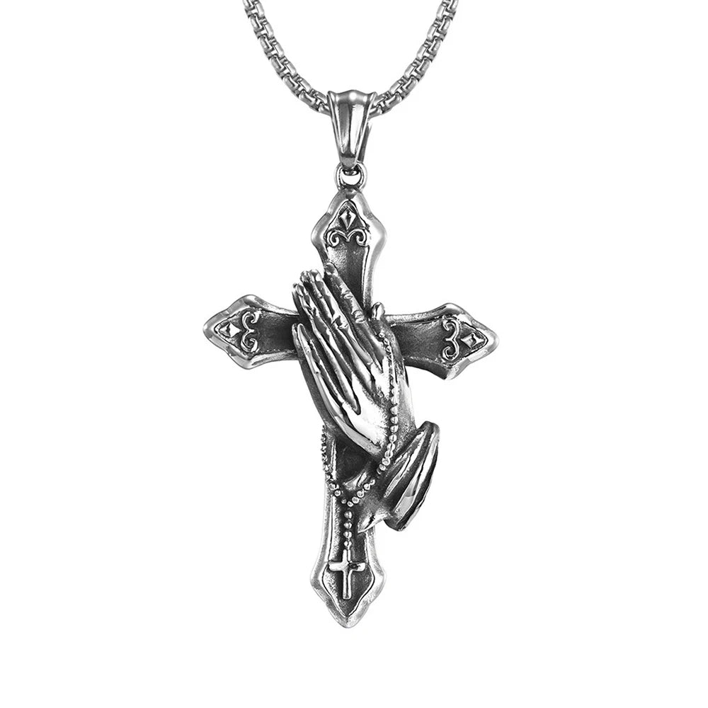 Vintage Praying Hands Cross Pendant Necklace hip-hop Stainless Steel Chain Neck Accessories Hip Hop Rock Jewelry 2025 Gifts