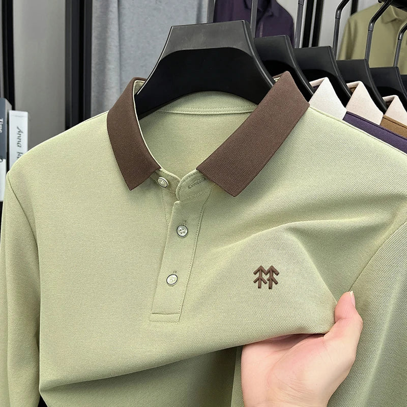 Fashion luxury brand long sleeve polo shirt men's autumn new trend badge embossed design Korean casual silk cotton lapel T-shirt