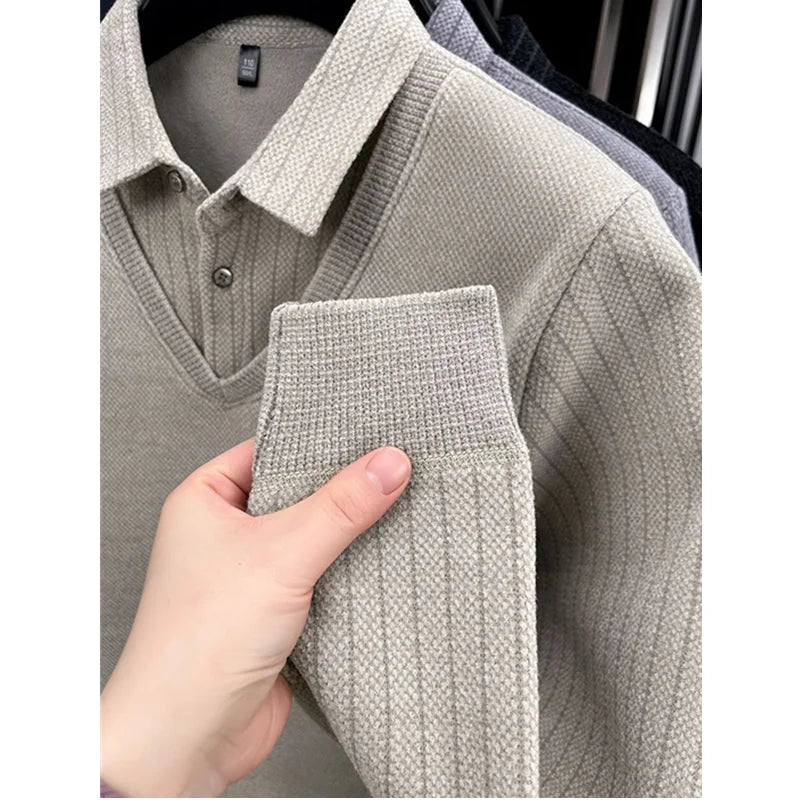 Mens Sweater Polo Collar Label Patchwork Stripes Plush Wool Liner Knitted Thickened Sweater Brand Luxury Print Thermo Menswear